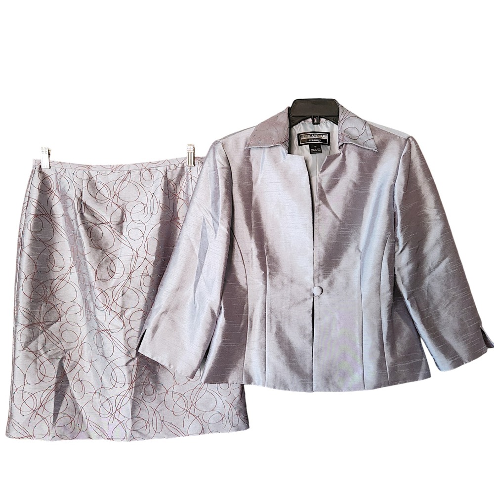Jessica Howard 2 Piece Taffeta Sequin Floral Suit Skirt Size 10 Blue Gray Luxe